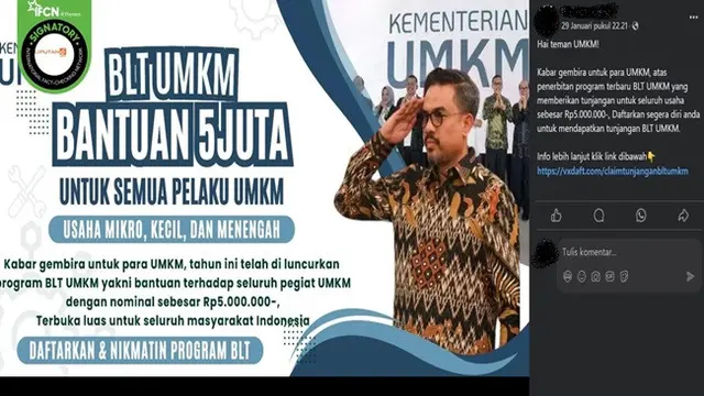 Hoaks Link Pendaftaran BLT UMKM Rp 5 Juta, Waspada Penipuan Berkedok Bantuan