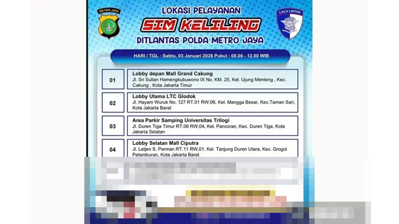Polda Metro Jaya Pastikan Layanan SIM Keliling Tetap Beroperasi di Lima Lokasi Jakarta Hari Ini