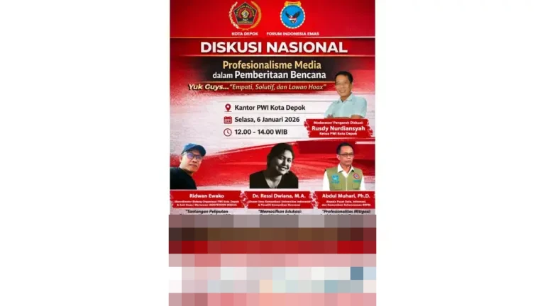 PWI Depok dan Forum Indonesia Emas Gelar Diskusi Nasional, Soroti Profesionalisme Media Tangkal Hoaks Bencana PWI Depok dan Forum Indonesia Emas Gelar Diskusi Nasional, Soroti Profesionalisme Media Tangkal Hoaks Bencana